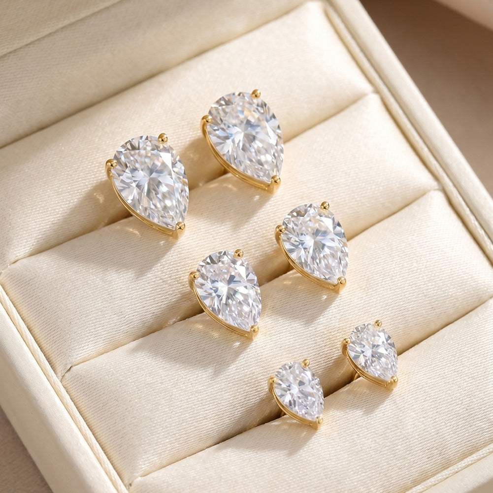 Gold Plated 316 Stainless Steel Stud Earrings, Pear Teardrop Cut Clear Cubic Zirconia Four Prong Setting