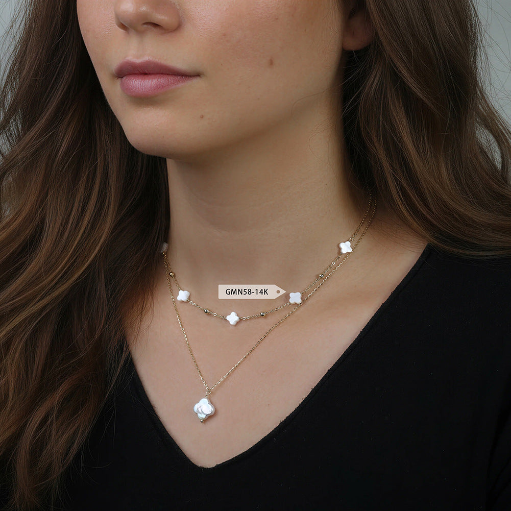 Four Leaf Clover Baroque Freshwater Pearl Pendant Necklace, Iridescent Organic Shape Pearl Charm Dainty S925 Silver Cable Chain
