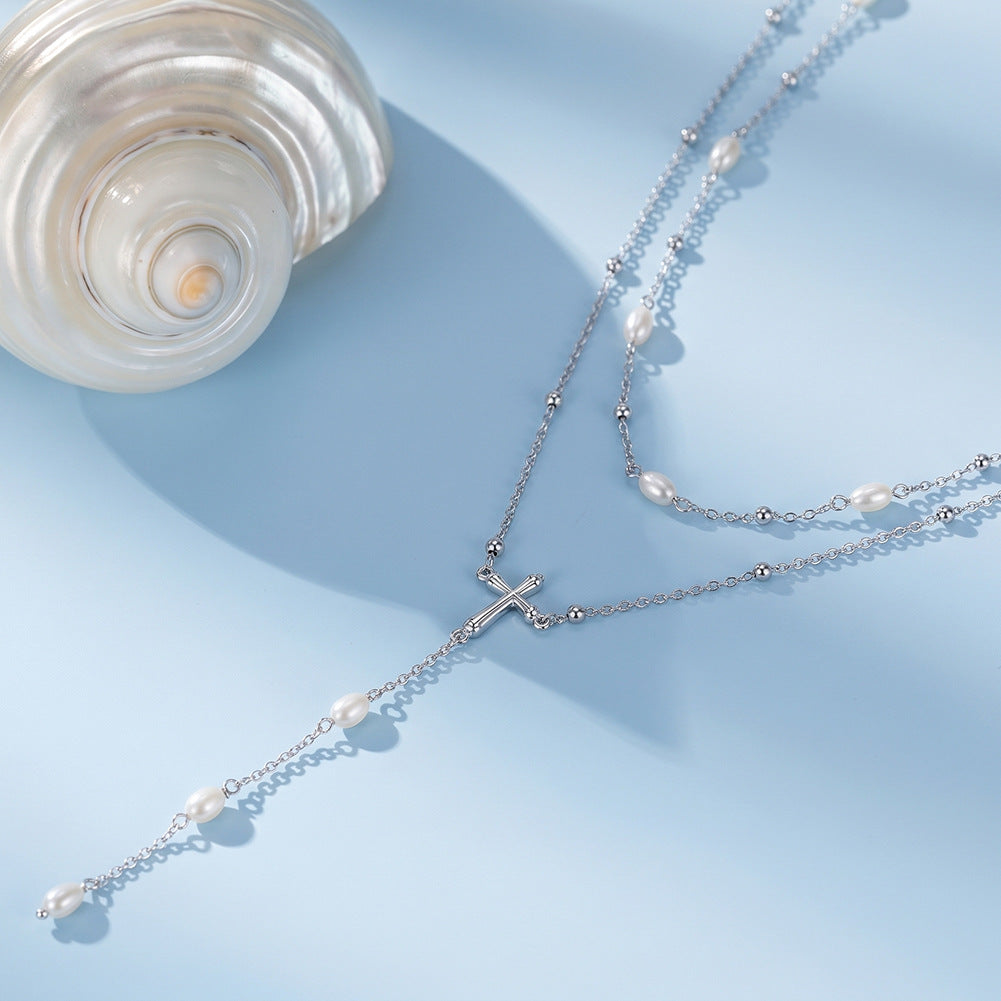 Multi Layer Y Drop Freshwater Pearl Cross Necklace, Dainty Lustrous Rice Pearls Layered Chain with Cross Lariat Pendant S925 Silver