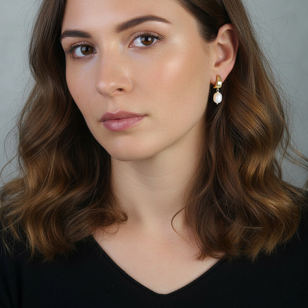 S925 Sterling Silver Huggie Hoop Teardrop Freshwater Pearl Dangle Earrings, Polished U-Shape Hoop with Lustrous Oval Pearl Drop