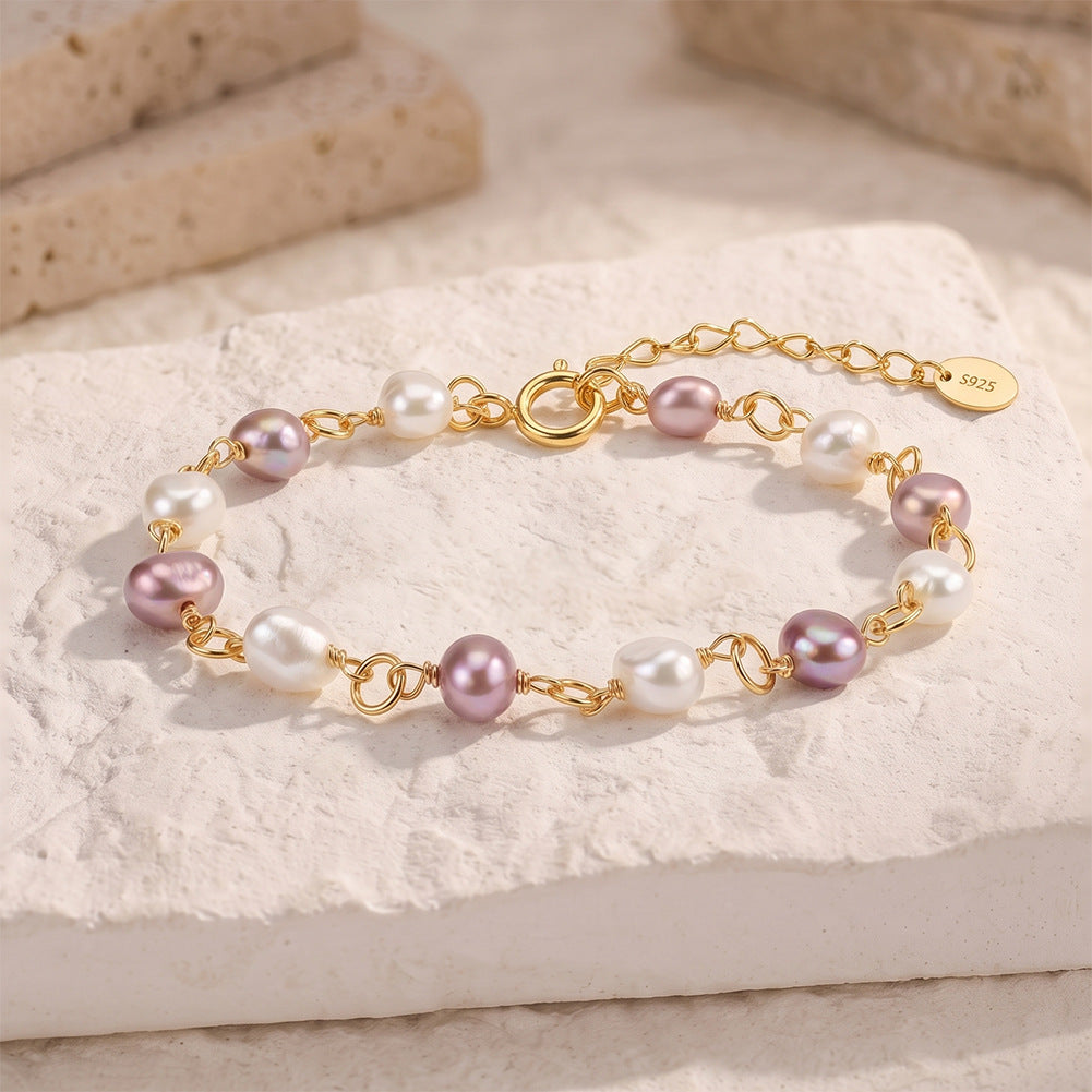 S925 Gold Plated Wire Wrapped Bracelet, Mixed White & Purple Oval Lustrous Freshwater Pearls, Open Link Chain, Adjustable Extension Chain