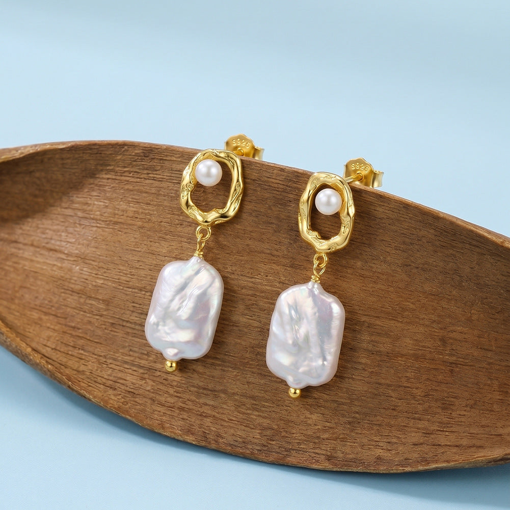 S925 Sterling Silver Irregular Hollow Frame Baroque Pearl Earrings, Small Round Pearl Accent Large Rectangle Baroque Freshwater Pearl Dangles