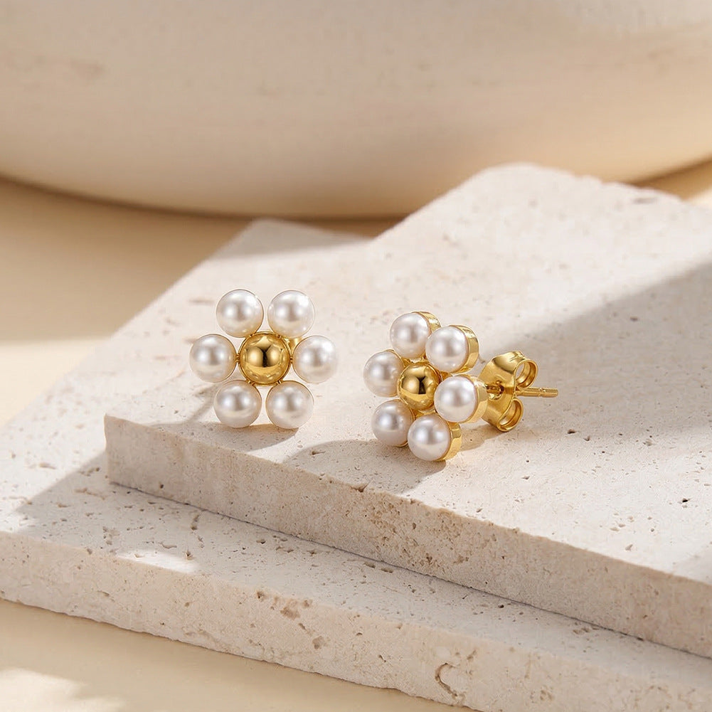 Gold Plated Stainless Steel Flower Shape Cluster Pearl Stud Earrings