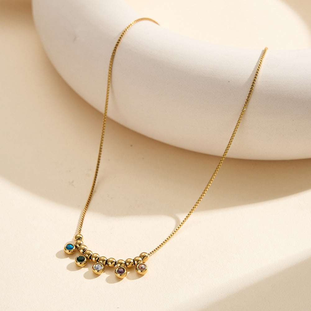 Gold Stainless Steel Beaded Gemstone Station Necklace, Round Metal Ball Beads With Multi Color Inlaid CZ Stones Box Chain