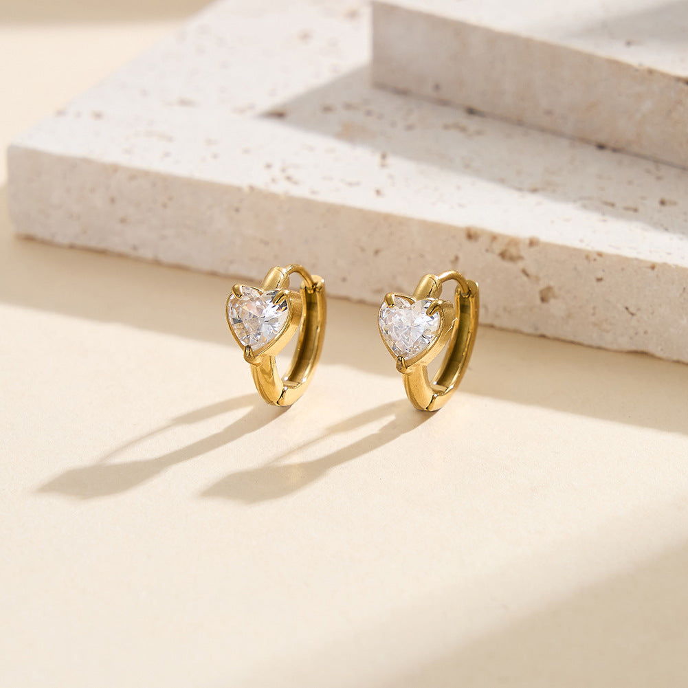 Gold Plated Stainless Steel Solitaire Heart CZ Huggie Hoop Earrings