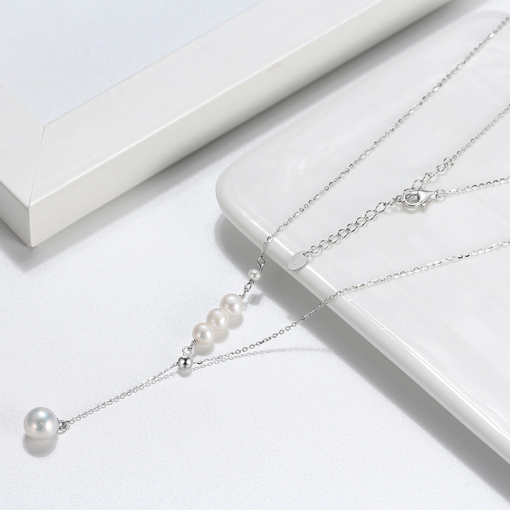 Silver Adjustable Lariat Y Necklace, Graduated Lustrous Freshwater Pearls Sliding Y Drop Pearl Pendant Necklace