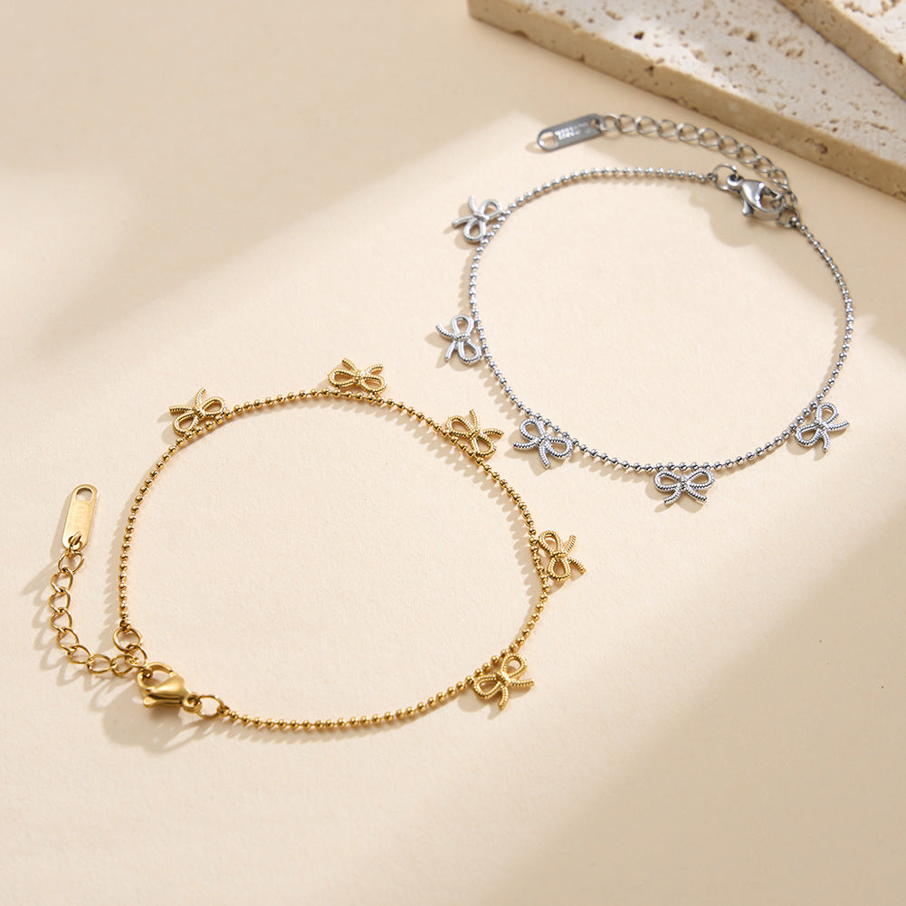 Silver Stainless Steel Ball Chain Bracelet, Micro Paved CZ Bowknot Charms, Delicate Dainty Design, Adjustable