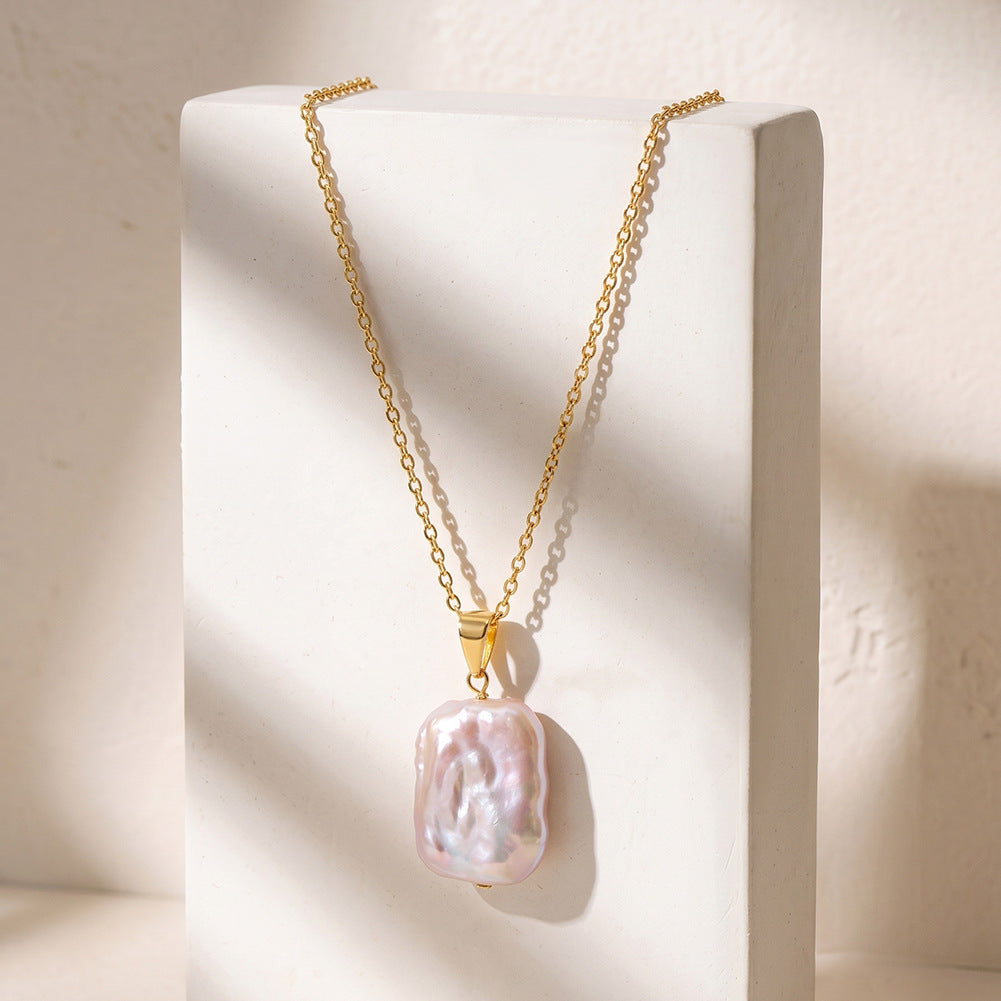 Freeform Baroque Freshwater Pearl Necklace, Rainbow Iridescent Lustre Pearl Silver Pendant Necklace