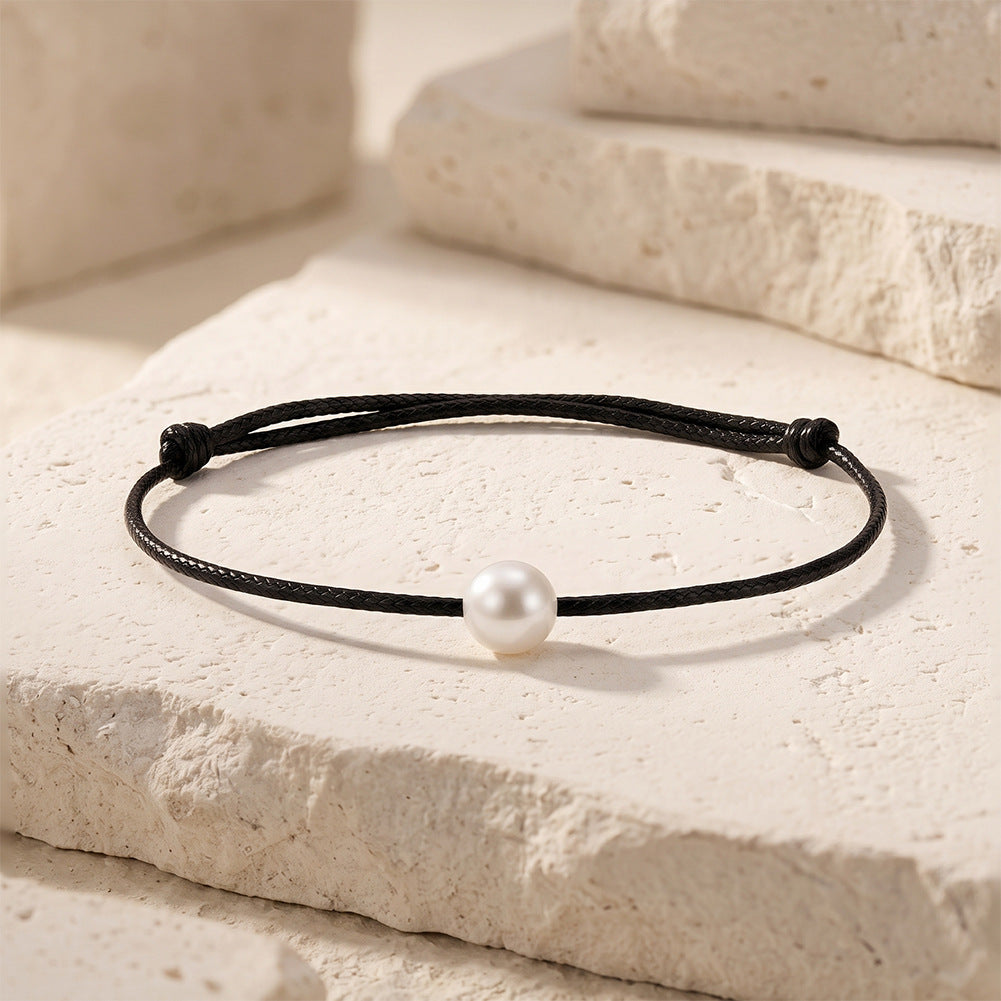 Minimalist Black Wax Cord Bracelet, Single Lustrous Round Freshwater Pearl, Adjustable Sliding Knot Closure