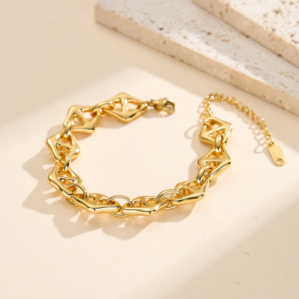 Gold Plated Stainless Steel Hollow Rhombus Link Bracelet, Openwork Diamond Shaped Chain Links, Adjustable Extension