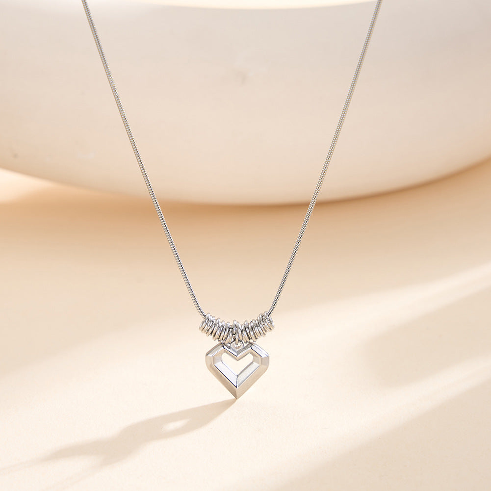 Gold Stainless Steel Hollow Heart Snake Chain Necklace, Multi Spring Wire Coil Accents Open Heart Geometric Pendant