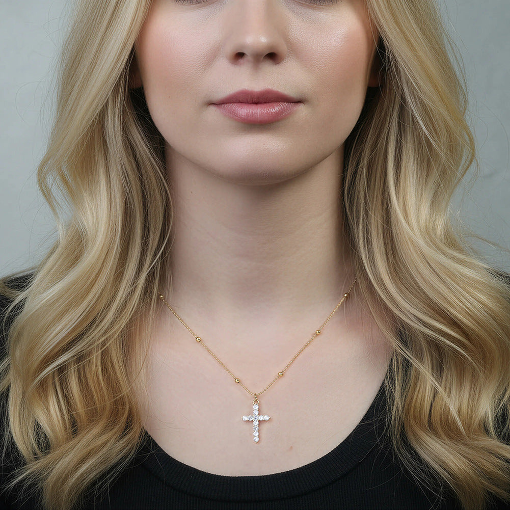 Silver Stainless Steel Paved CZ Cross Pendant Necklace, Ball Bead Satellite Chain Full Crystal Cross Charm Necklace