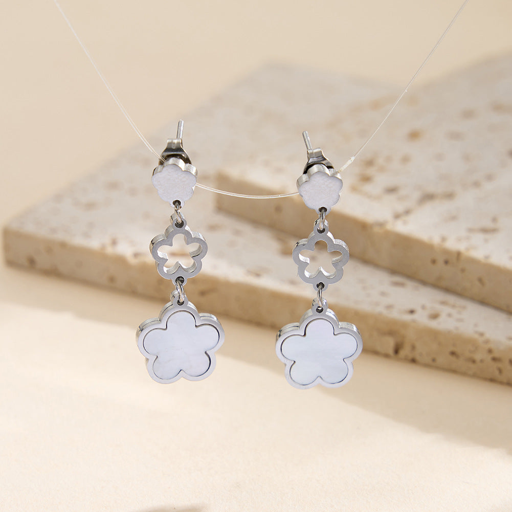 Silver Stainless Steel Triple Clover Drop Earrings With Natural Mother Of Pearl Inlay