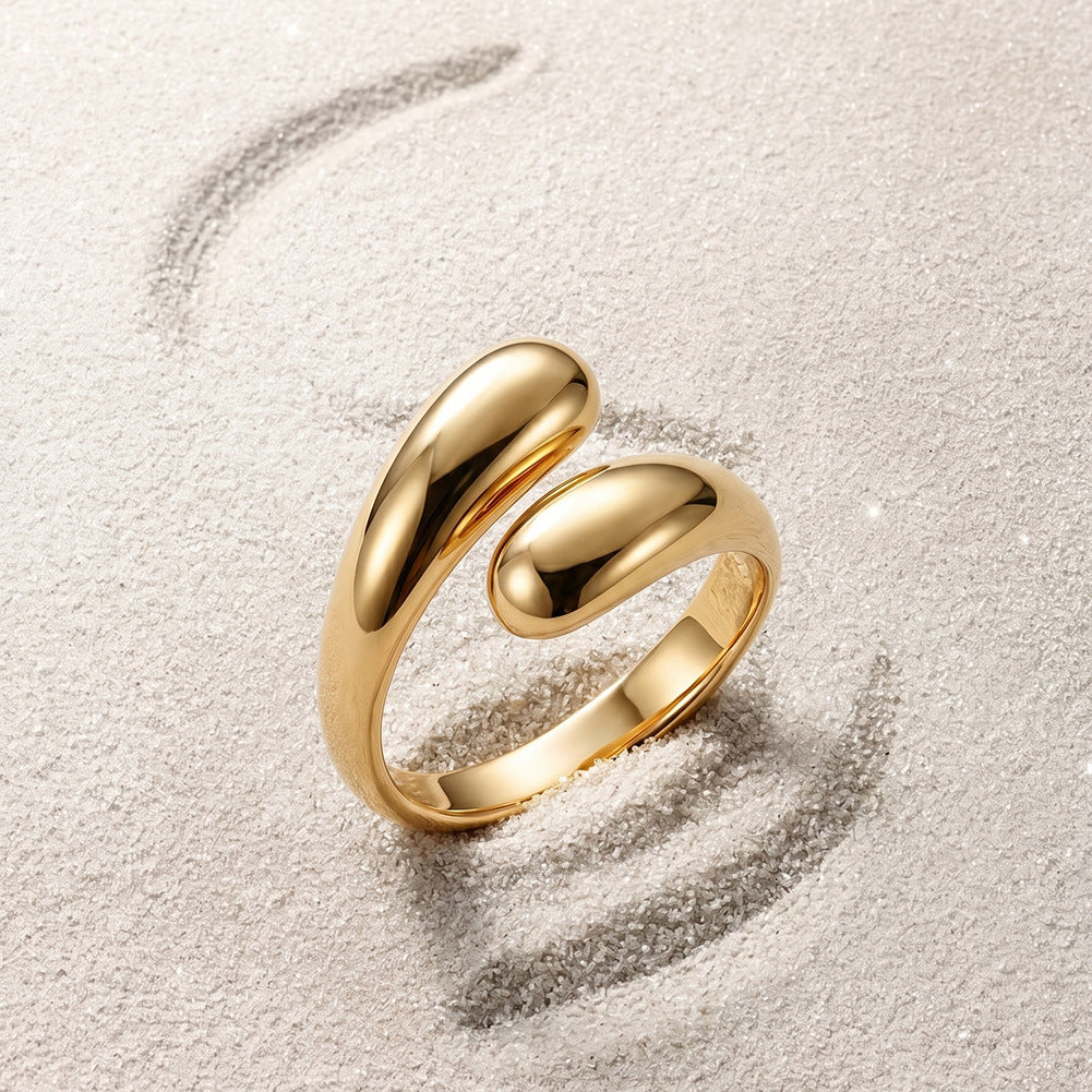 Gold Plated Stainless Steel Open Cuff Ring, Chunky Polished Teardrop Shaped Ends