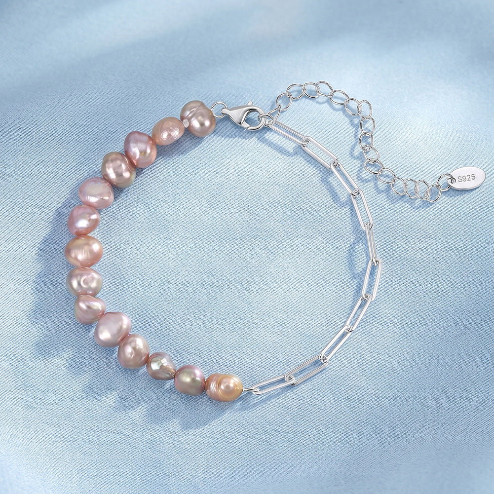 S925 Sterling Silver Half Baroque Pearl Half Paperclip Chain Bracelet, Soft Pink Natural Baroque Freshwater Pearls, Adjustable Extension Chain