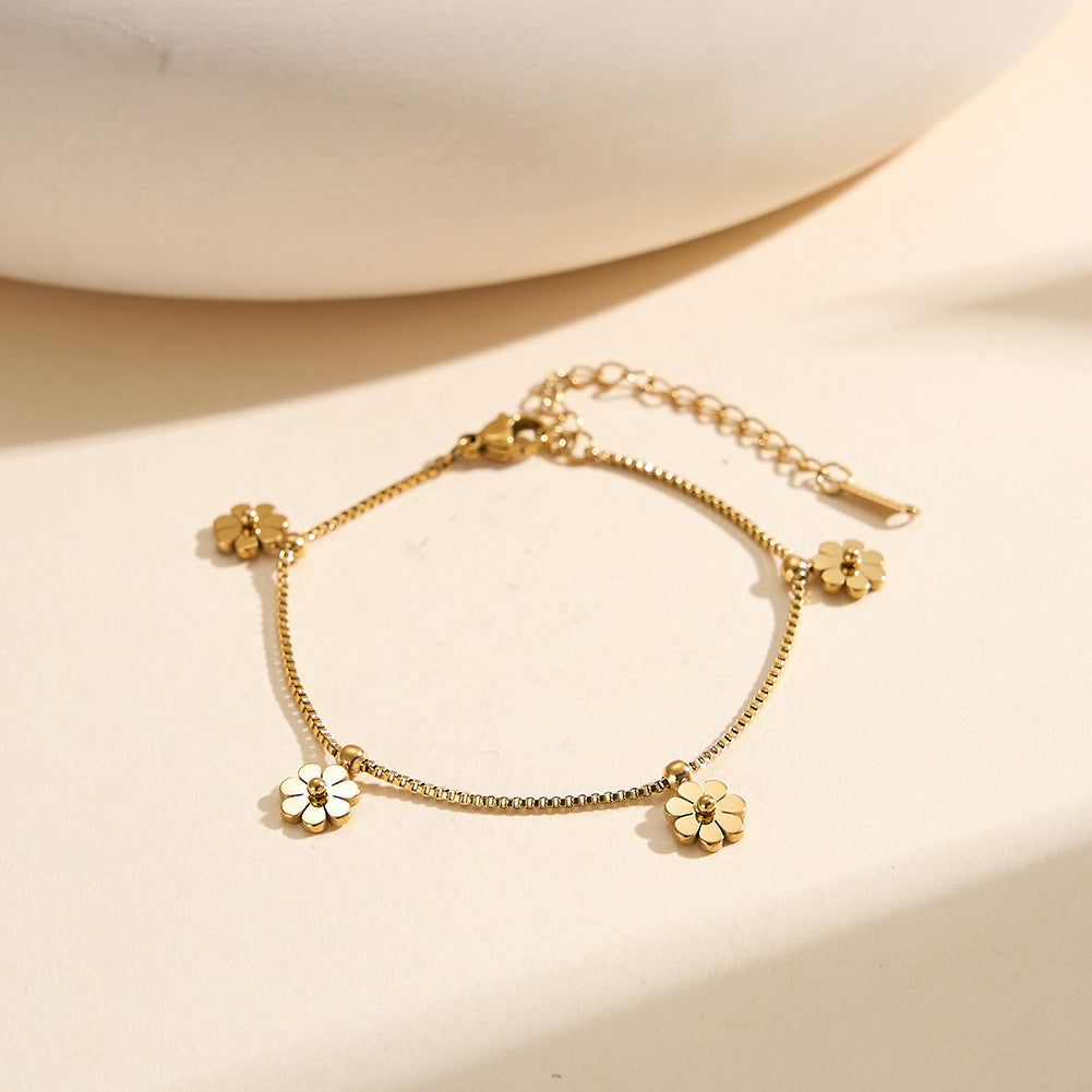 Silver Stainless Steel Daisy Flower Bracelet, 4 Daisy Charms & Spacer Beads, Box Chain Adjustable Bracelet