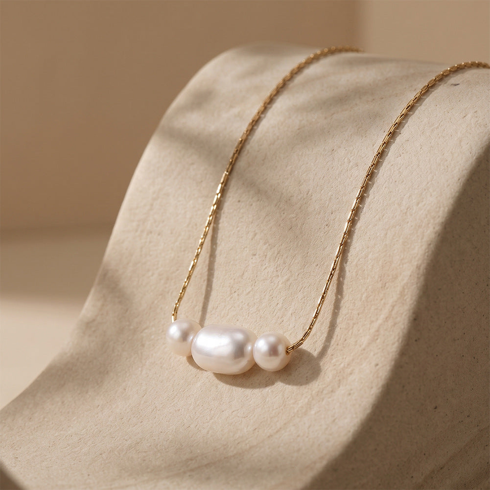 Three Bead Glossy Rice Freshwater Pearl Necklace, Central Large Oval Pearl with Round Side Pearls Gold Paperclip Chain