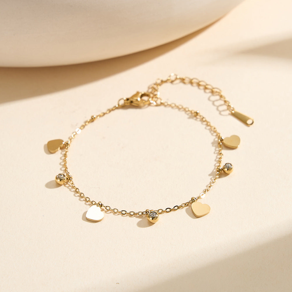 Gold Plated Stainless Steel Heart Charm Bracelet, 4 Flat Heart Pendants & 3 Bezel Round CZ Stones, Thin Cable Chain
