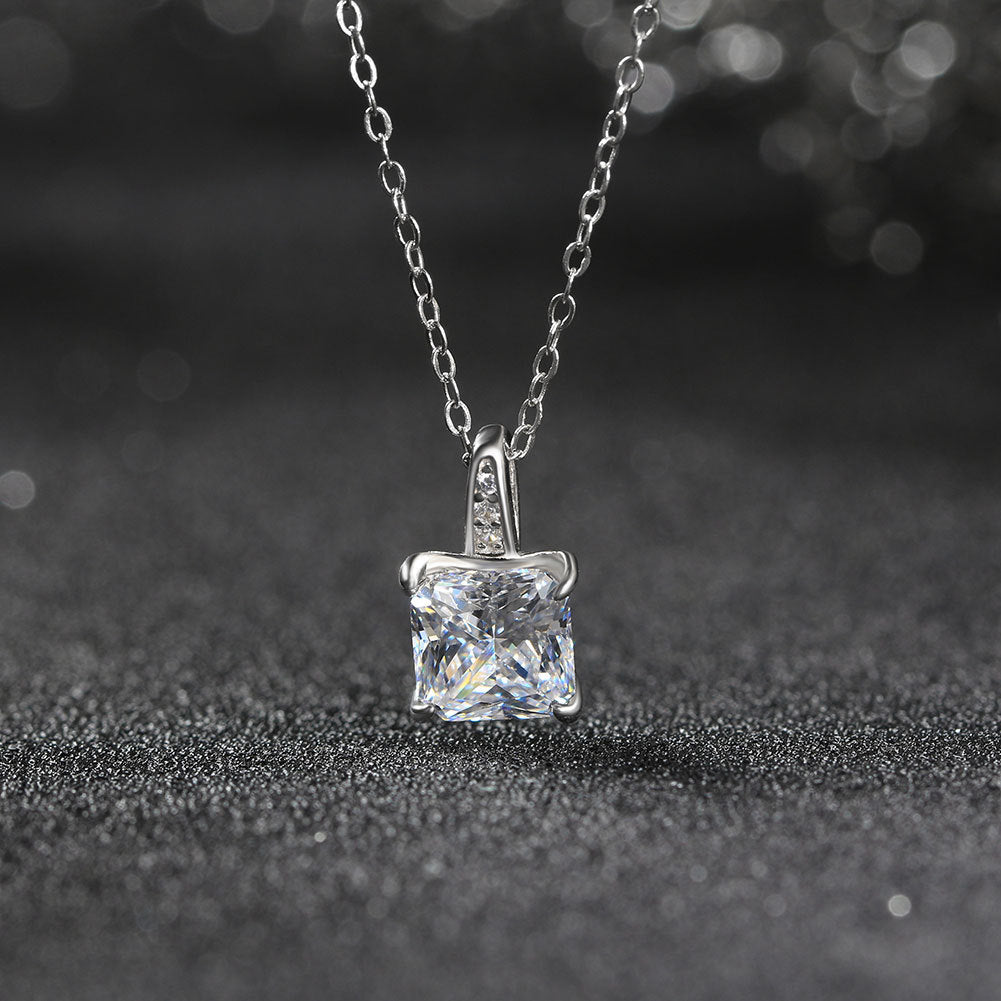 Gold Stainless Steel Square Emerald Cut Cubic Zirconia Pendant Necklace, 4 Prong Setting Round Cable Chain