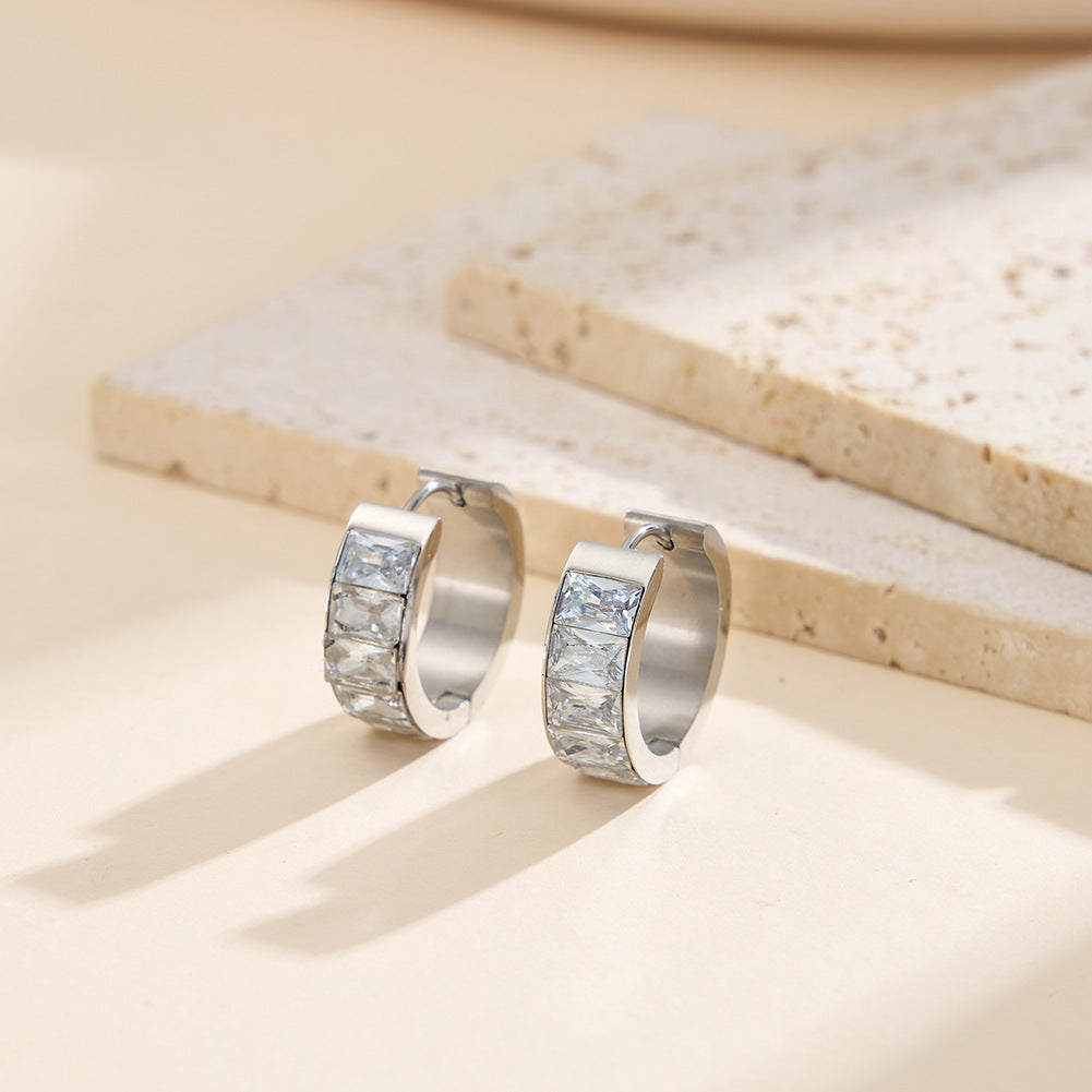 Silver Stainless Steel Princess Cut CZ Wide Huggie Hoop Earrings