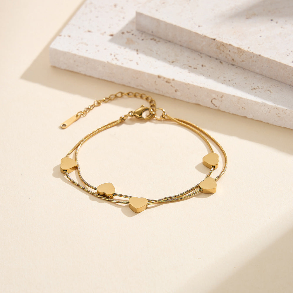 Gold Plated Stainless Steel Double Layer Snake Chain Bracelet, 5 Puffy Heart Charms, Adjustable Extension