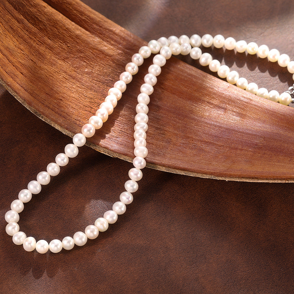 Graduated Lustrous White Freshwater Pearl Full Strand Necklace, Irregular Cultured Pearls S925 Silver Adjustable Chain