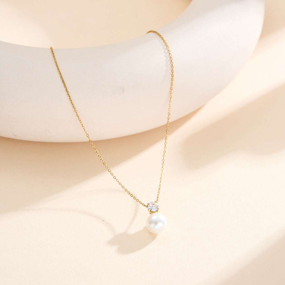 Silver Stainless Steel Dainty Rolo Chain Necklace, Large Round White Pearl Pendant with Round CZ Stone Top