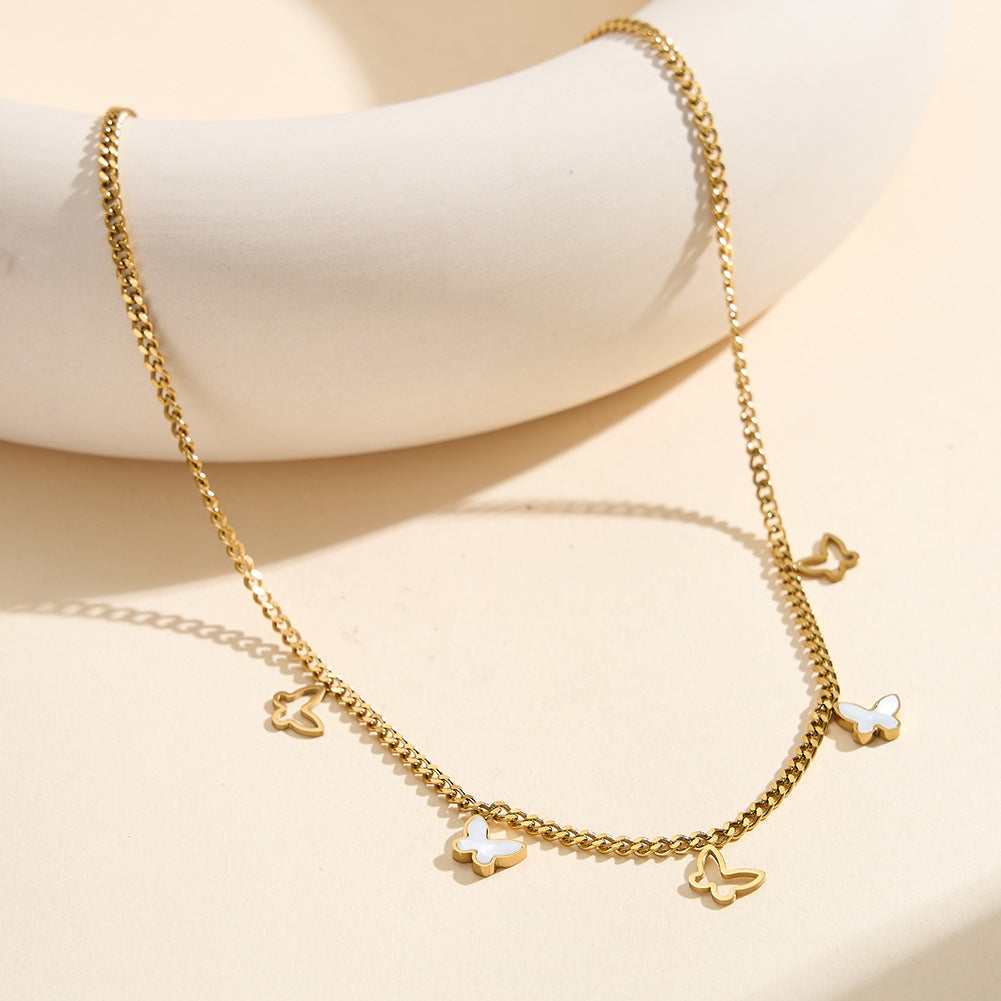 Gold Stainless Steel Butterfly Cuban Choker, Hollow Outline & White Shell Inlaid Butterfly Dangling Charms, Cuban Link Chain