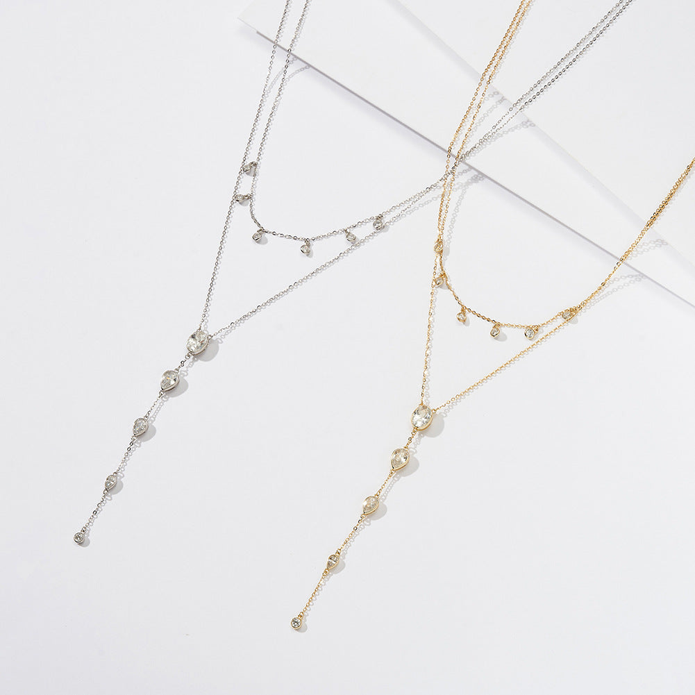Stainless Steel Layered Y Drop Necklace, Silver Plated Multi CZ Tassel Necklace, Oval & Pear Cut Crystal Long Lariat Necklace for Women