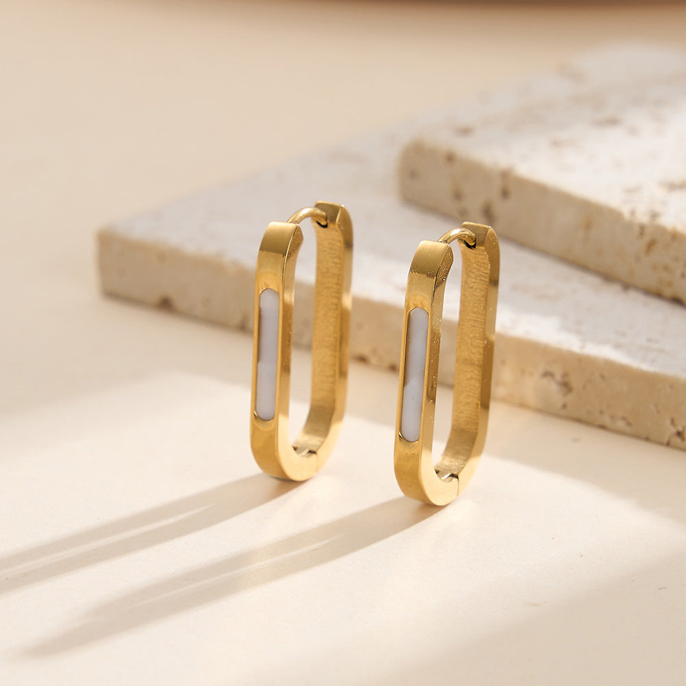 Silver Stainless Steel Rectangular U-Shape Hoop Earrings with Mother of Pearl Inlay