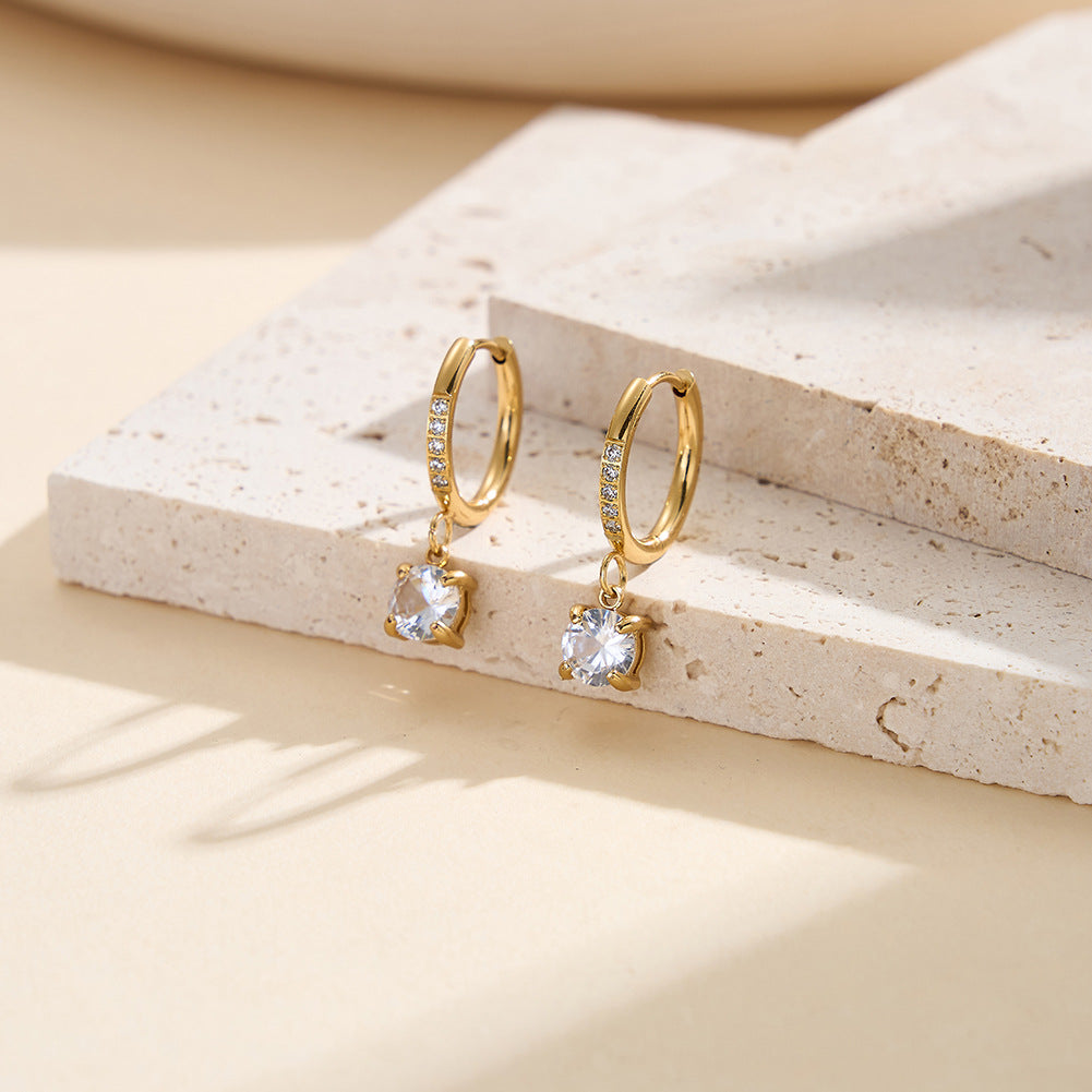 Gold Plated Stainless Steel CZ Paved Huggie Hoop Earrings with Round CZ Charm Drop