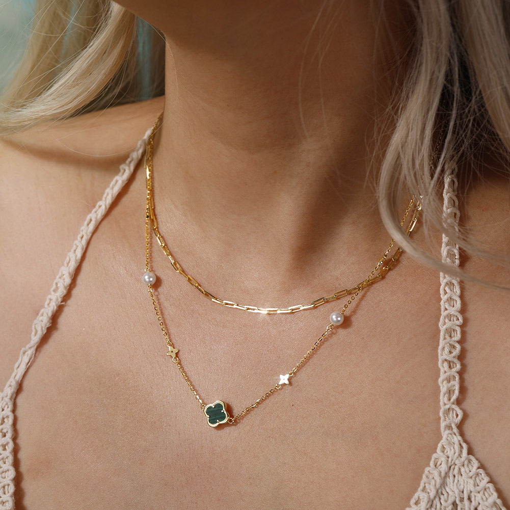 Silver Malachite Clover Pearl Necklace, Green Malachite Four Leaf Clover Pendant, Star Charms and Glossy Freshwater Pearl Stations