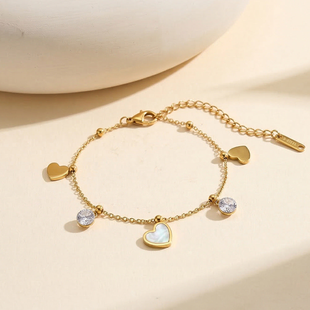 Gold Plated Stainless Steel Dainty Cable Chain Bracelet, Mix Heart Charms with Round CZ Stones & Spacer Beads, Adjustable Extension