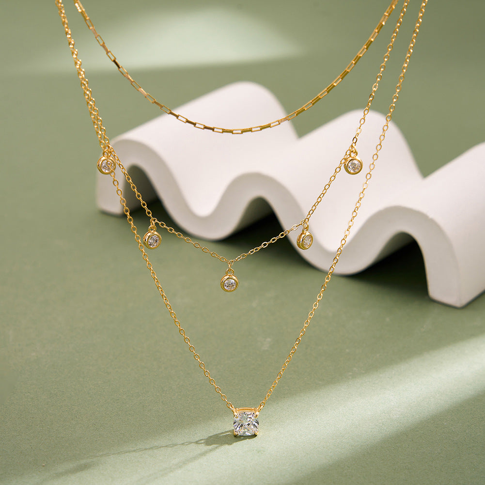 Gold Stainless Steel 3 Layer Stacked Necklace, Bezel CZ Station & Square CZ Pendant Triple Chain Set