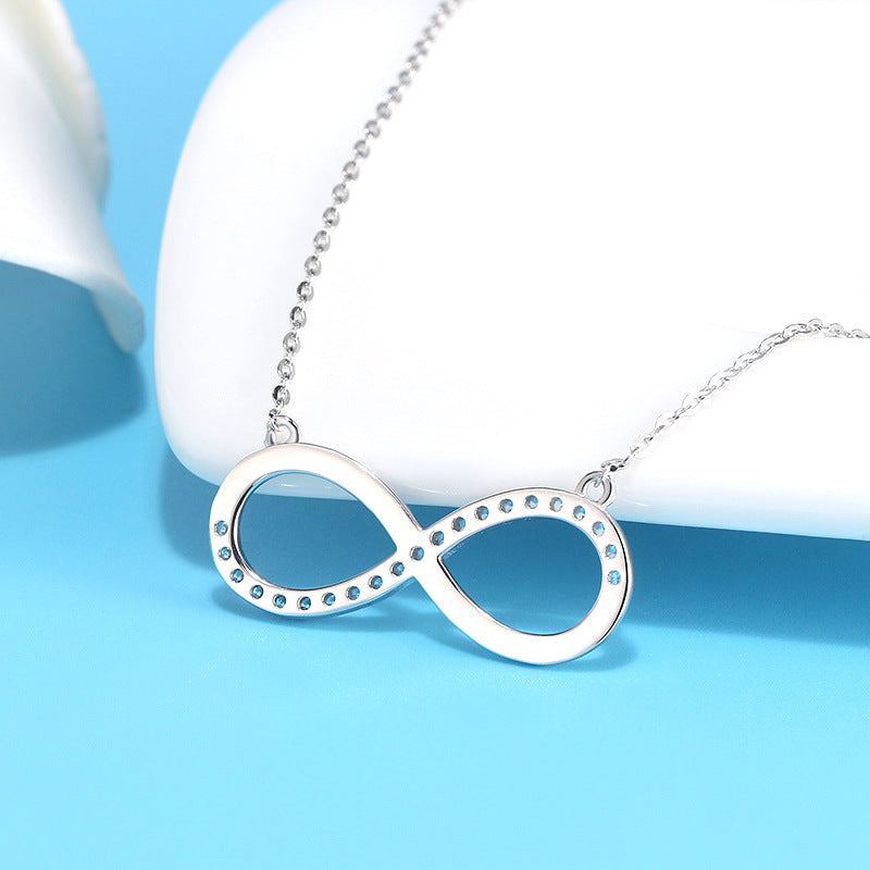 Silver Stainless Steel Infinity Symbol Necklace, Partial Pave Clear Cubic Zirconia Infinite Sign Rolo Chain Pendant