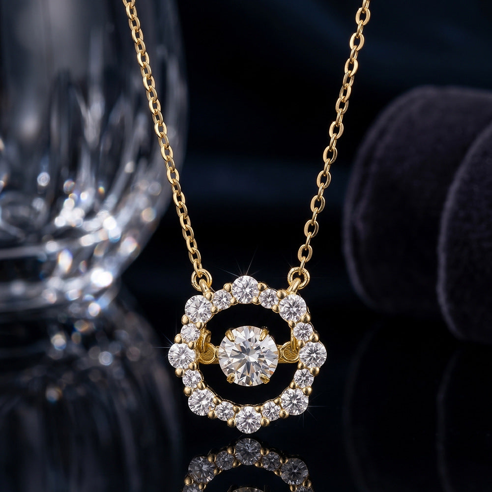 Gold Stainless Steel Moving Halo Circle Necklace, Floating Round CZ Center Stone with Surrounding Paved Cubic Zirconia