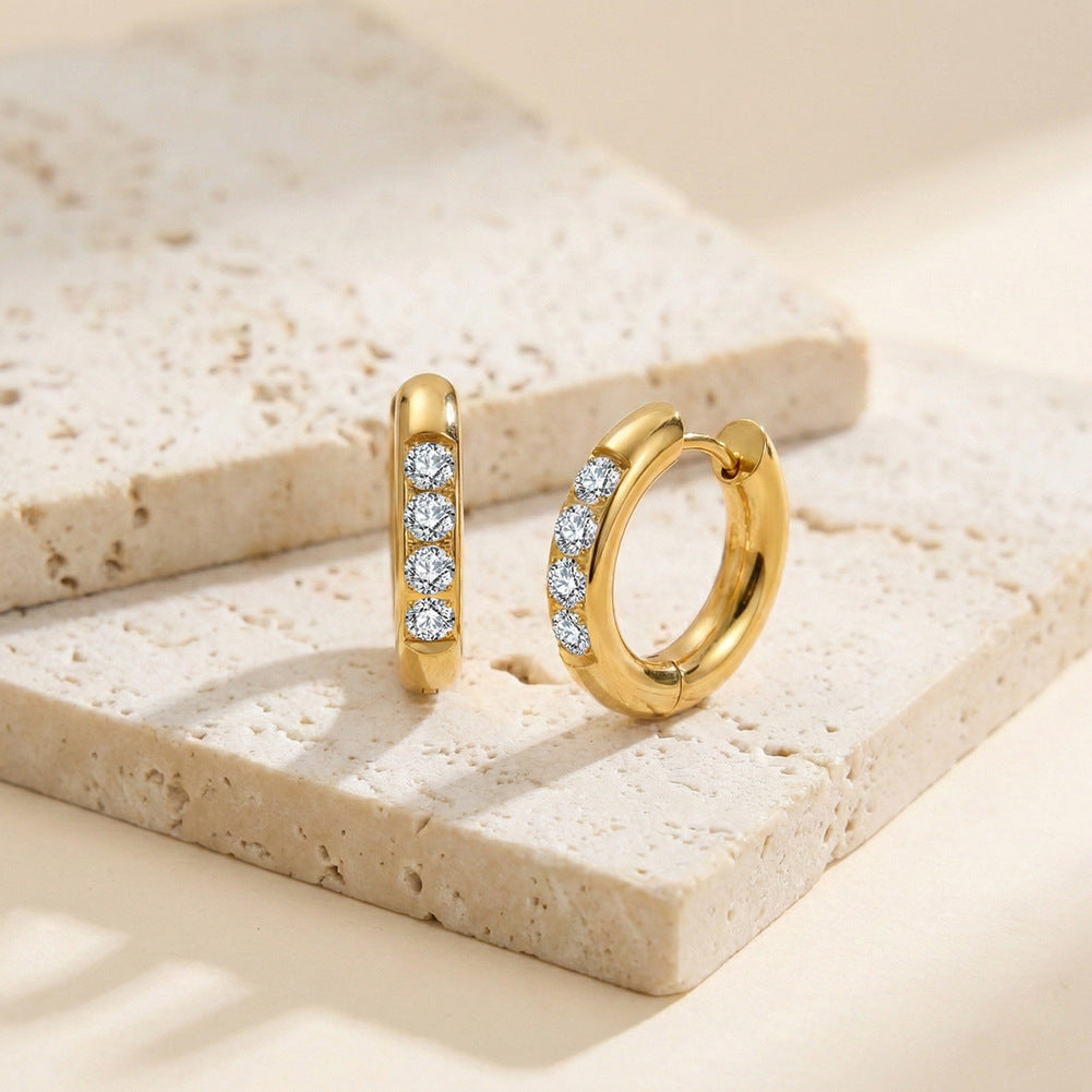 Silver Stainless Steel 4 Round CZ Paved Huggie Hoop Earrings