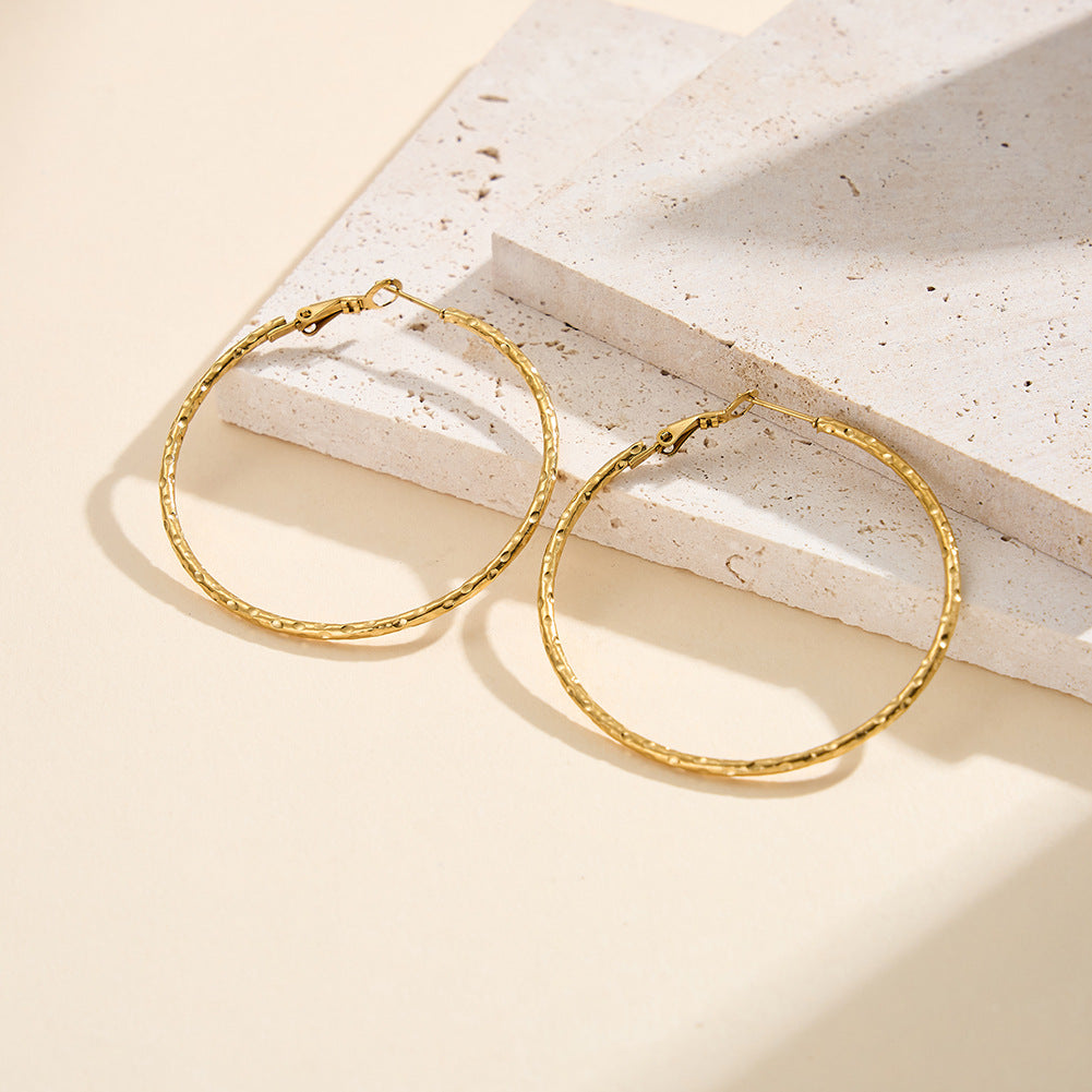 Gold Plated Stainless Steel Hammered Texture Large Round Hoop Earrings