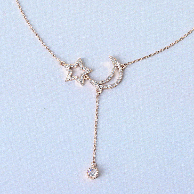 925 Sterling Silver Fashion Moon and Star Necklace