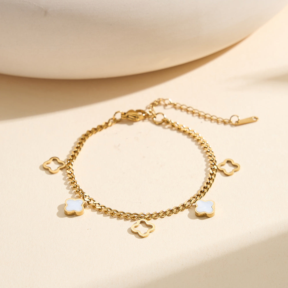 Gold Plated Stainless Steel Curb Chain Bracelet, Hollow Clover Charms with White Mother of Pearl Inlay