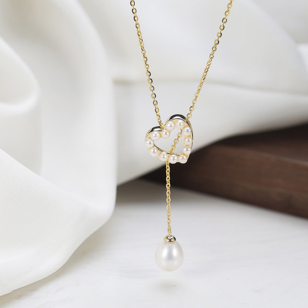 Hollow Heart Freshwater Pearl Lariat Necklace, Mini Pearls Set in Heart Frame with Teardrop Pearl Drop Pendant S925 Silver Chain