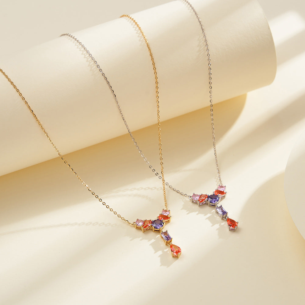 Gold Stainless Steel Multi-Color Gemstone Y Necklace, Mixed Pink Purple Orange CZ Cluster with Rectangular & Teardrop Stone Drop