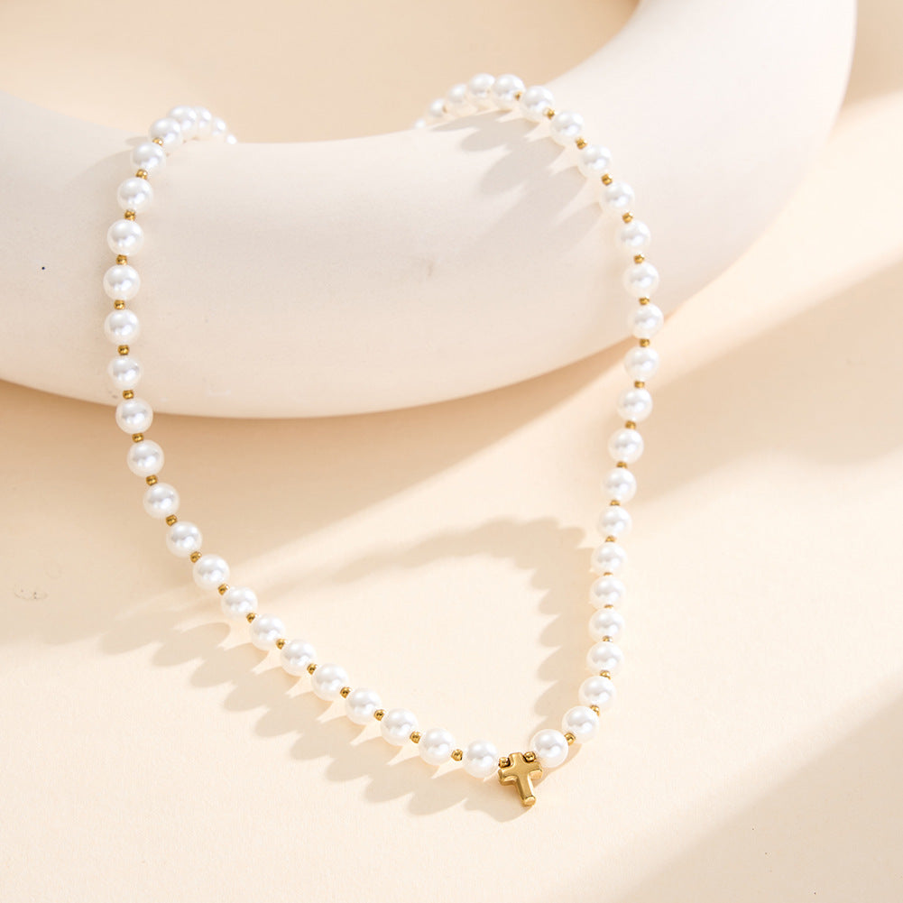 Silver Stainless Steel White Imitation Pearl Choker Necklace with Small Cross Pendant, Adjustable Extension Chain