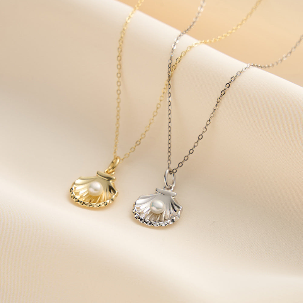 Seashell Freshwater Pearl Necklace, Mini Round Glossy Pearl Inside Shell Silver Pendant Necklace