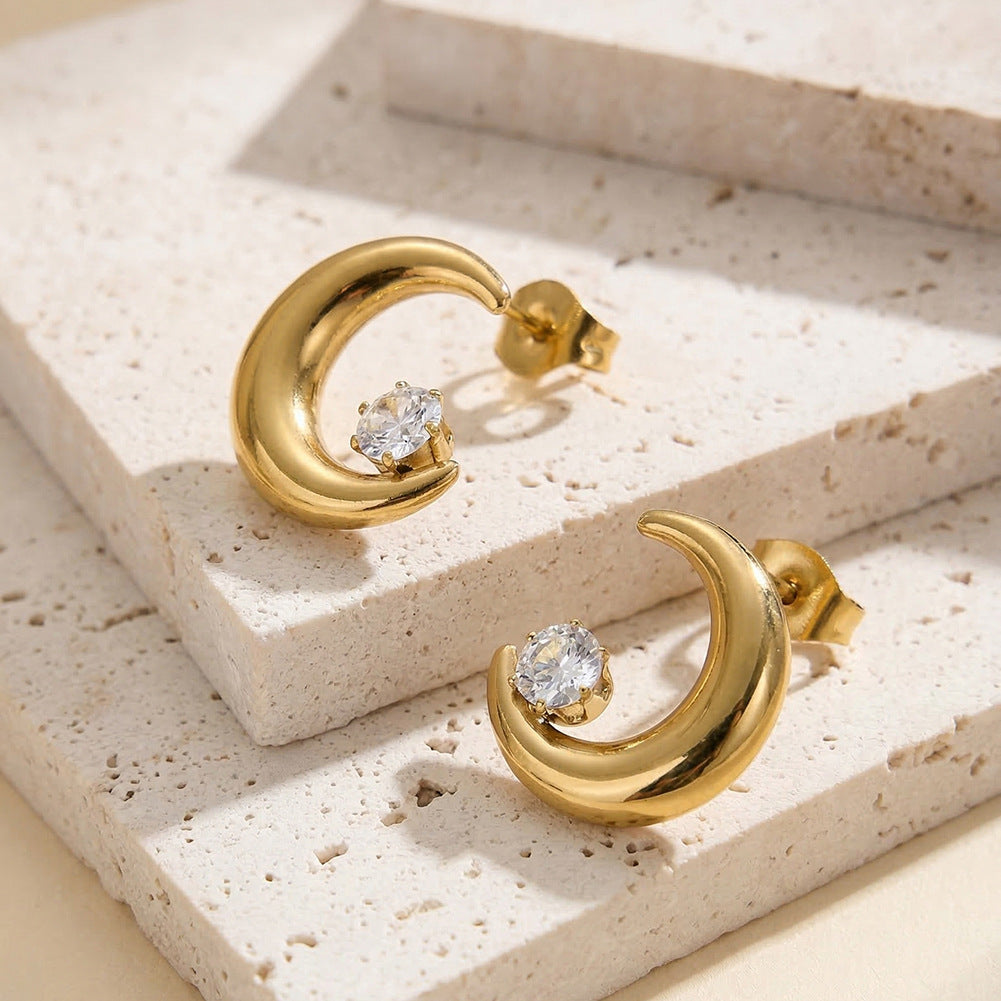 Gold Plated Stainless Steel Crescent Moon Stud Earrings with Round Clear Cubic Zirconia