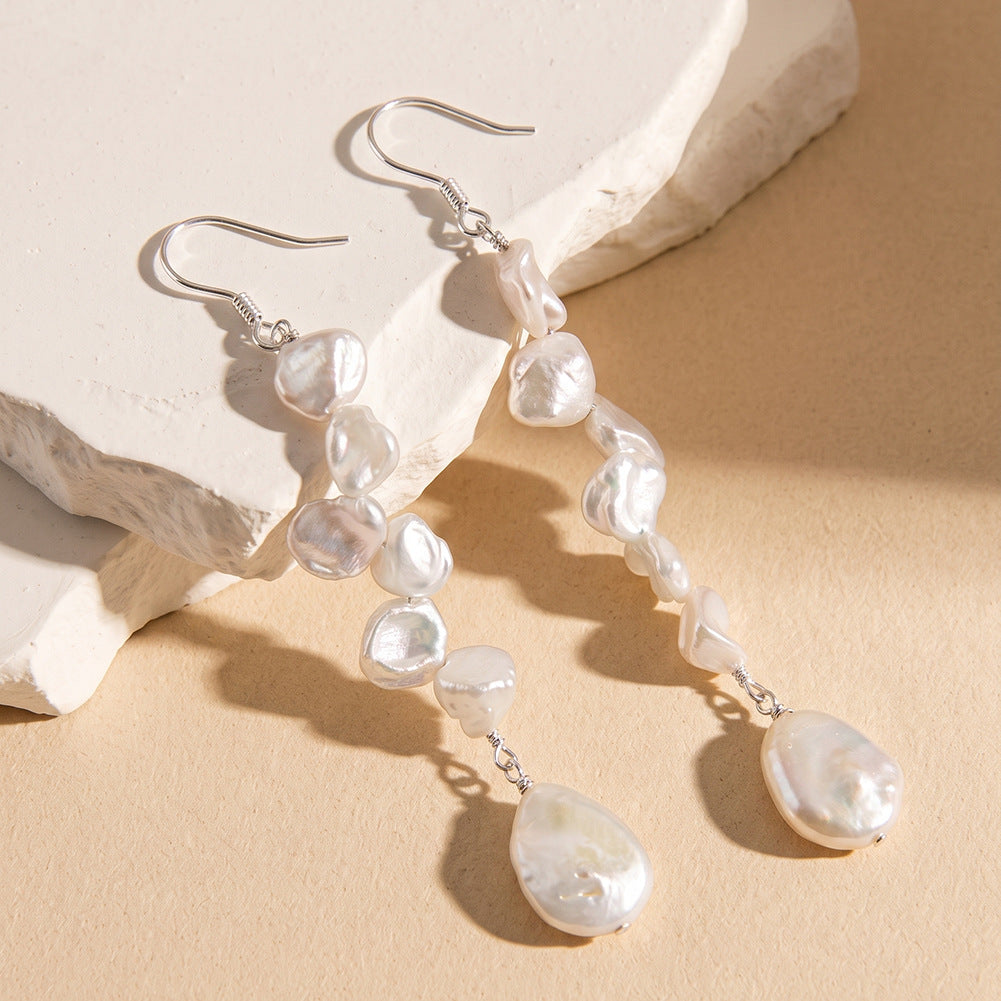 Sterling Silver Long Keshi Pearl Fish Hook Earrings, Cascading Petal Freshwater Pearls with Teardrop Baroque Pearl, Bohemian Long Pearl Dangle Earrings