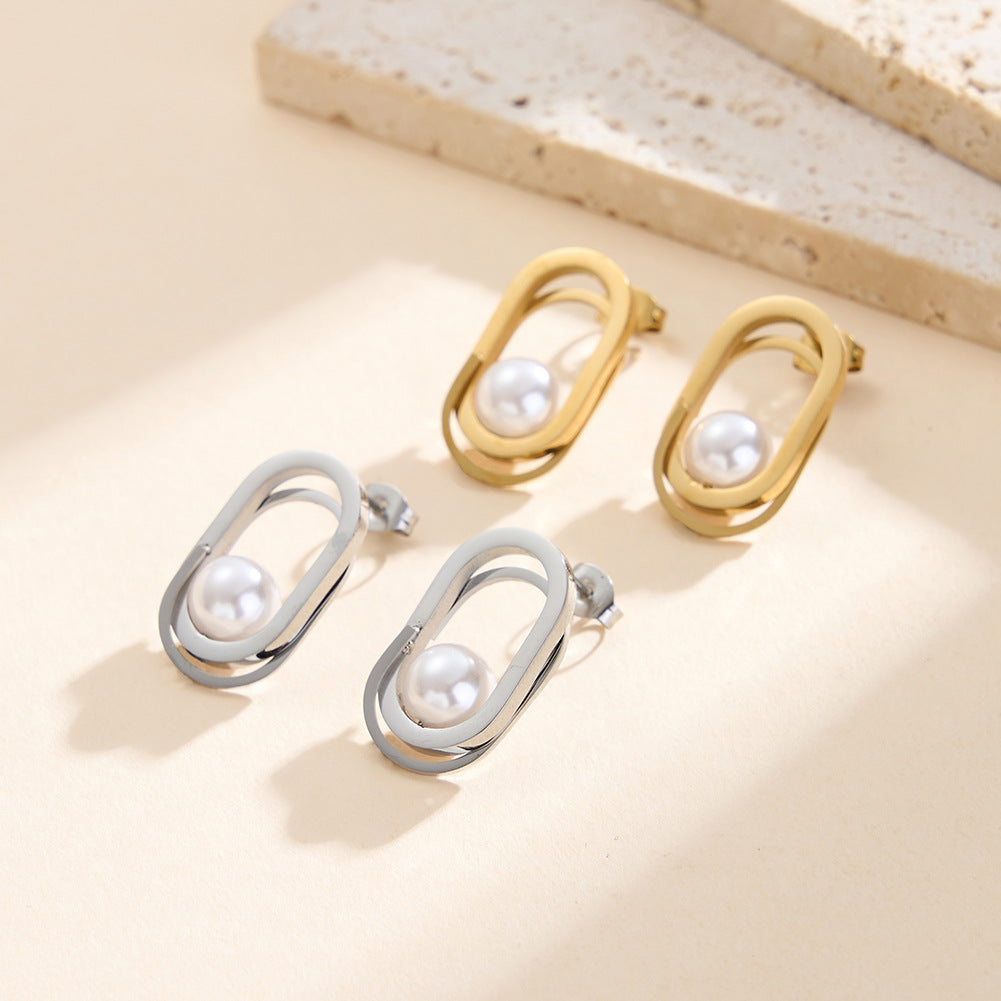 Gold Plated Stainless Steel Teardrop Hook Earrings with Round CZ and Big Imitation Pearl