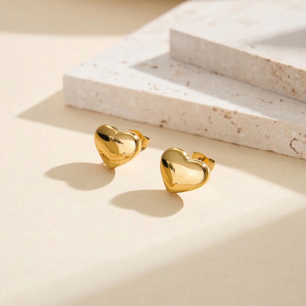 Gold Plated Stainless Steel Smooth Puffy Heart Stud Earrings