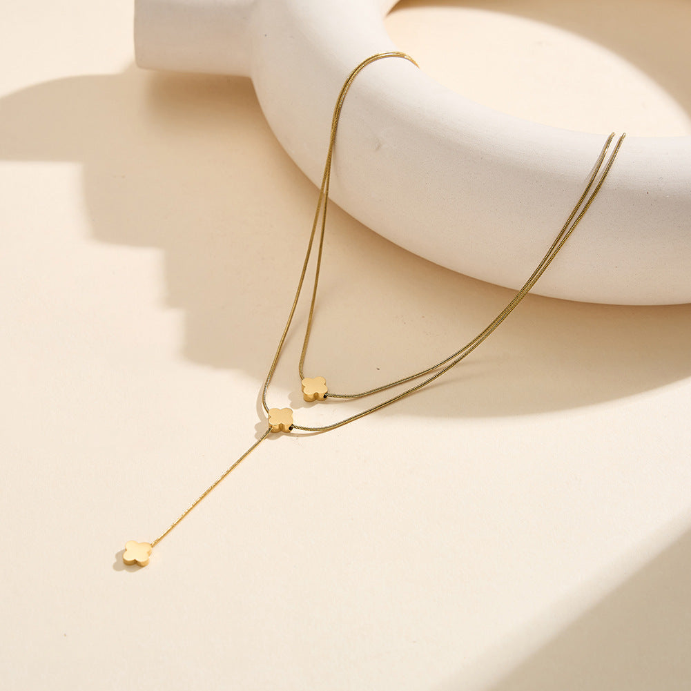 Gold Stainless Steel Multi Layer Y-Shape Clover Necklace, Triple Plain Four Leaf Clover Charms Snake Chain Lariat Style
