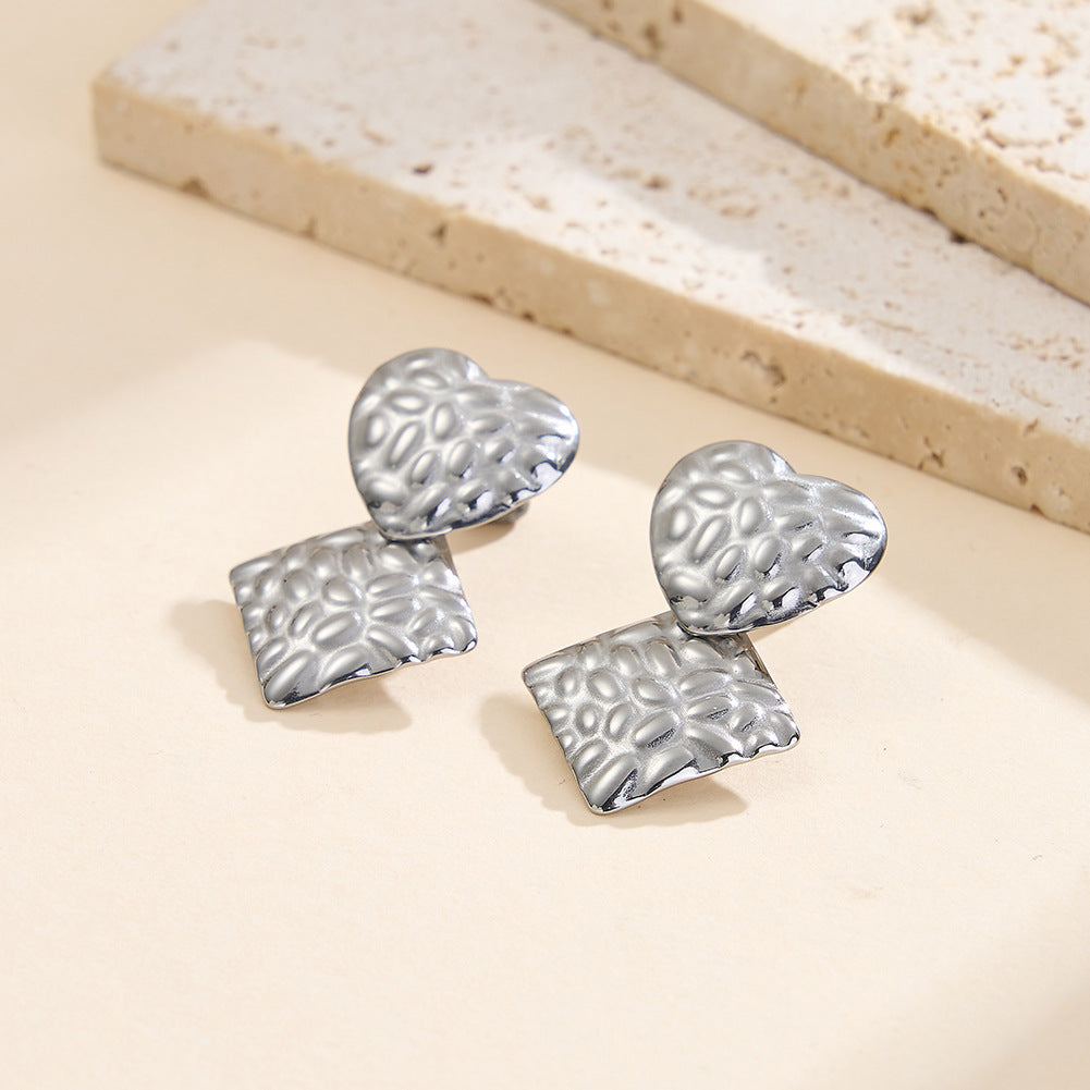 Gold Plated Stainless Steel Hammered Heart & Square Drop Stud Earrings